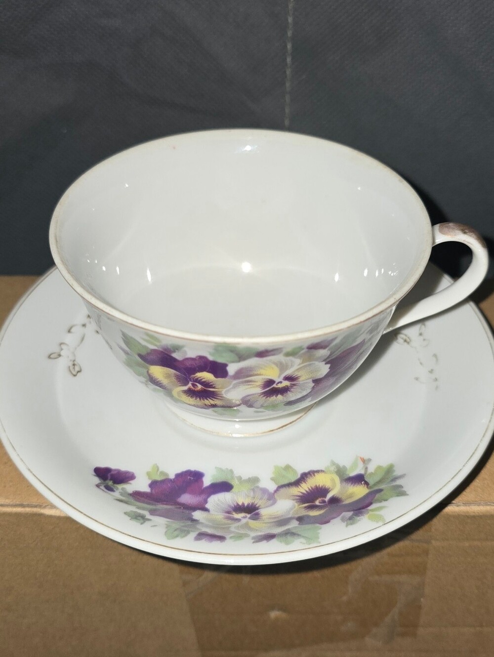 VTG Japanese Porcelain Teacup & Saucer W/ Purple & Yellow Pansies & Gold Leafing